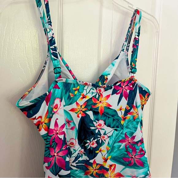 Tankini Halter Swim Tropical Floral Bathing Suit Top Teal Pink Yellow Size M - Picture 2 of 15
